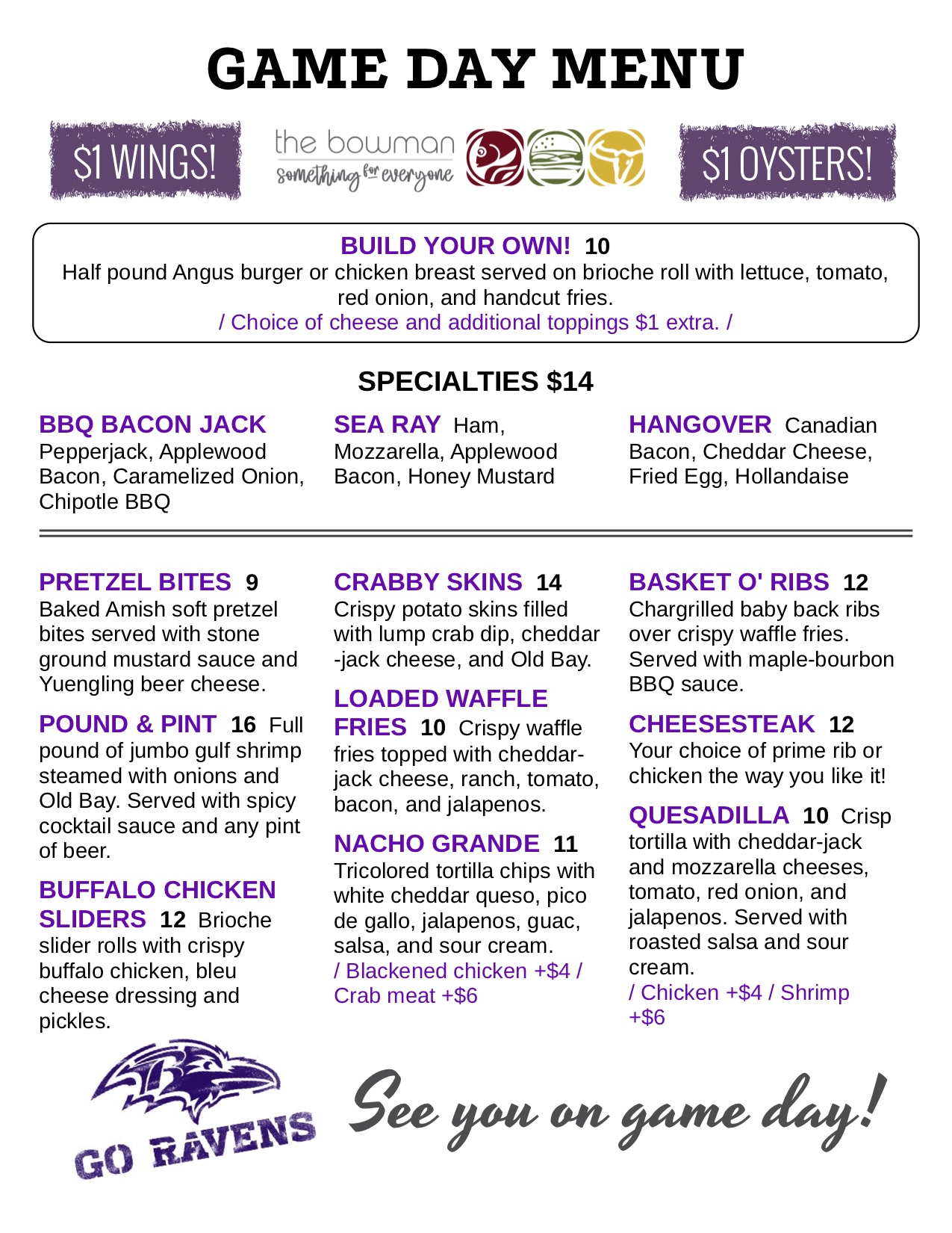 Sunday Football Bar Specials Menu